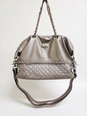 BODHI Metallic Gray Genuine Leather Slouchy Satchel Shoulder Bag Quilted Studded